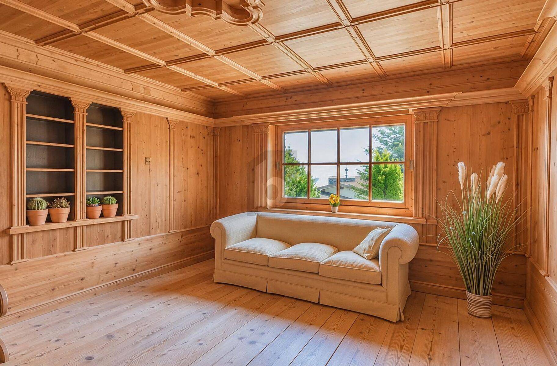 Gemütliches Wohnzimmer mit holzgetäfelten Wänden und Decke, einem hellen Sofa und einem großen Fenster mit Blick ins Grüne.