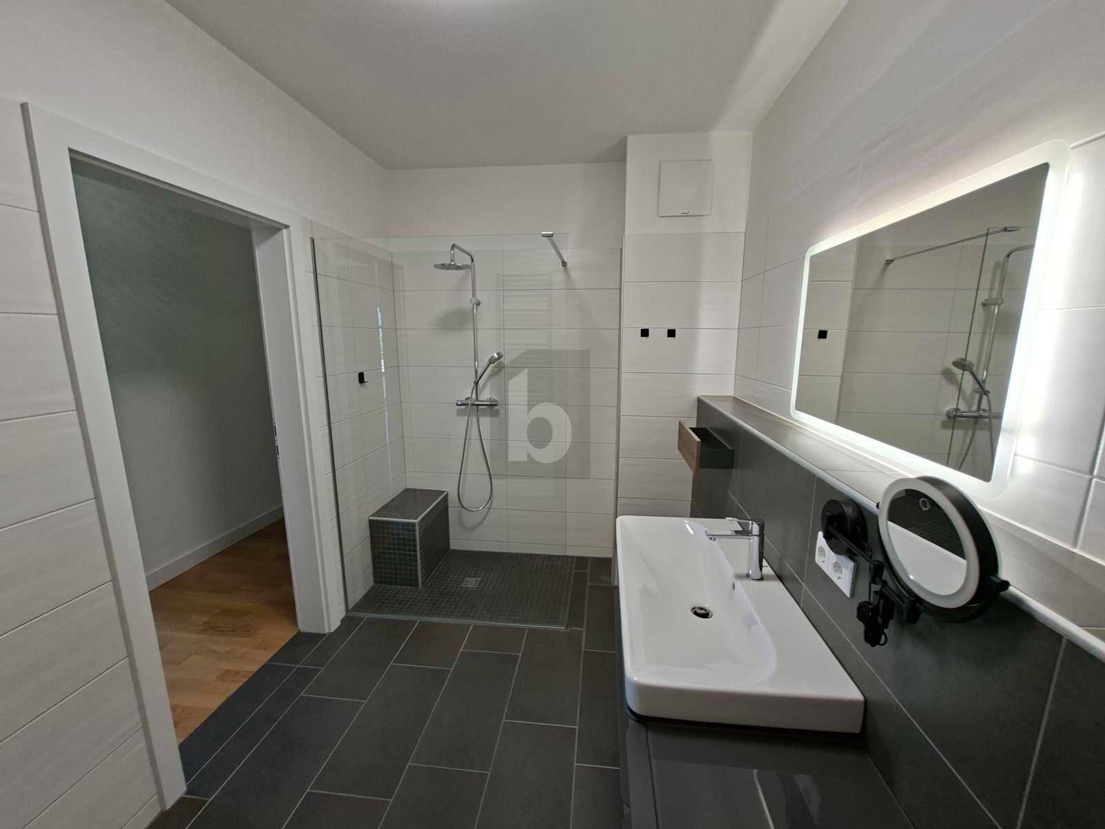 Modernes Badezimmer mit großzügiger begehbarer Dusche, eleganten Fliesen und einem Einzelwaschbecken.