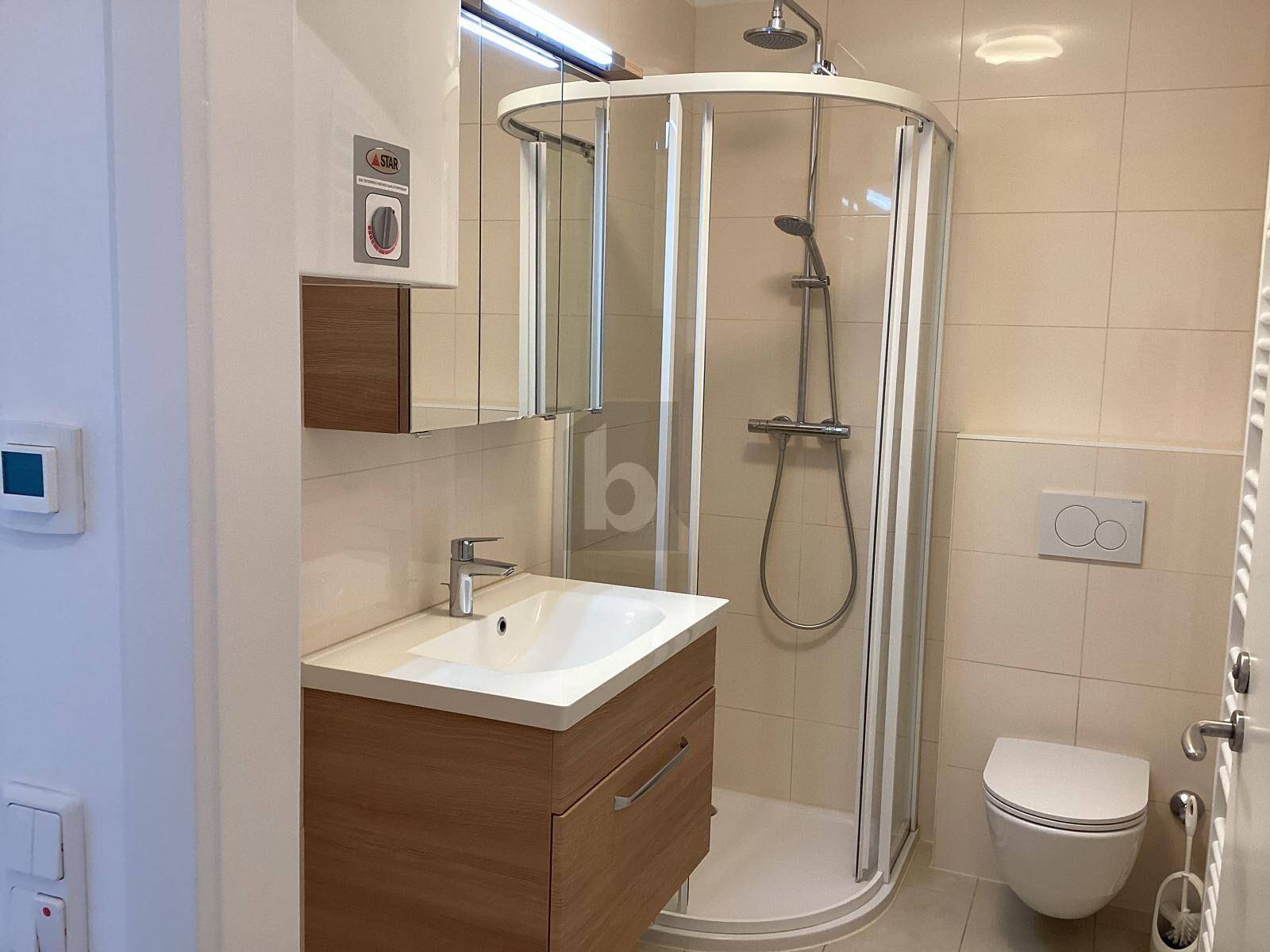 Modernes Badezimmer mit Duschkabine, Waschbecken mit Unterschrank und wandhängendem WC.