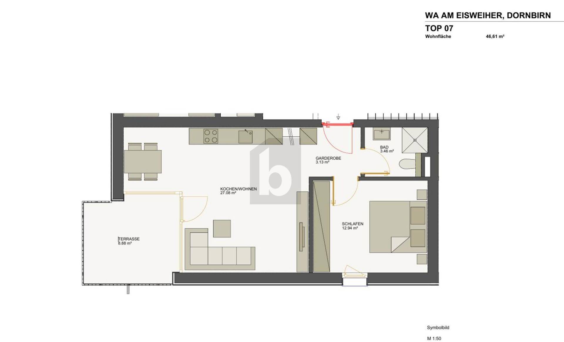 Grundriss der Wohnung TOP 07 mit offener Küche, Wohnbereich, Schlafzimmer, Bad und Terrasse.