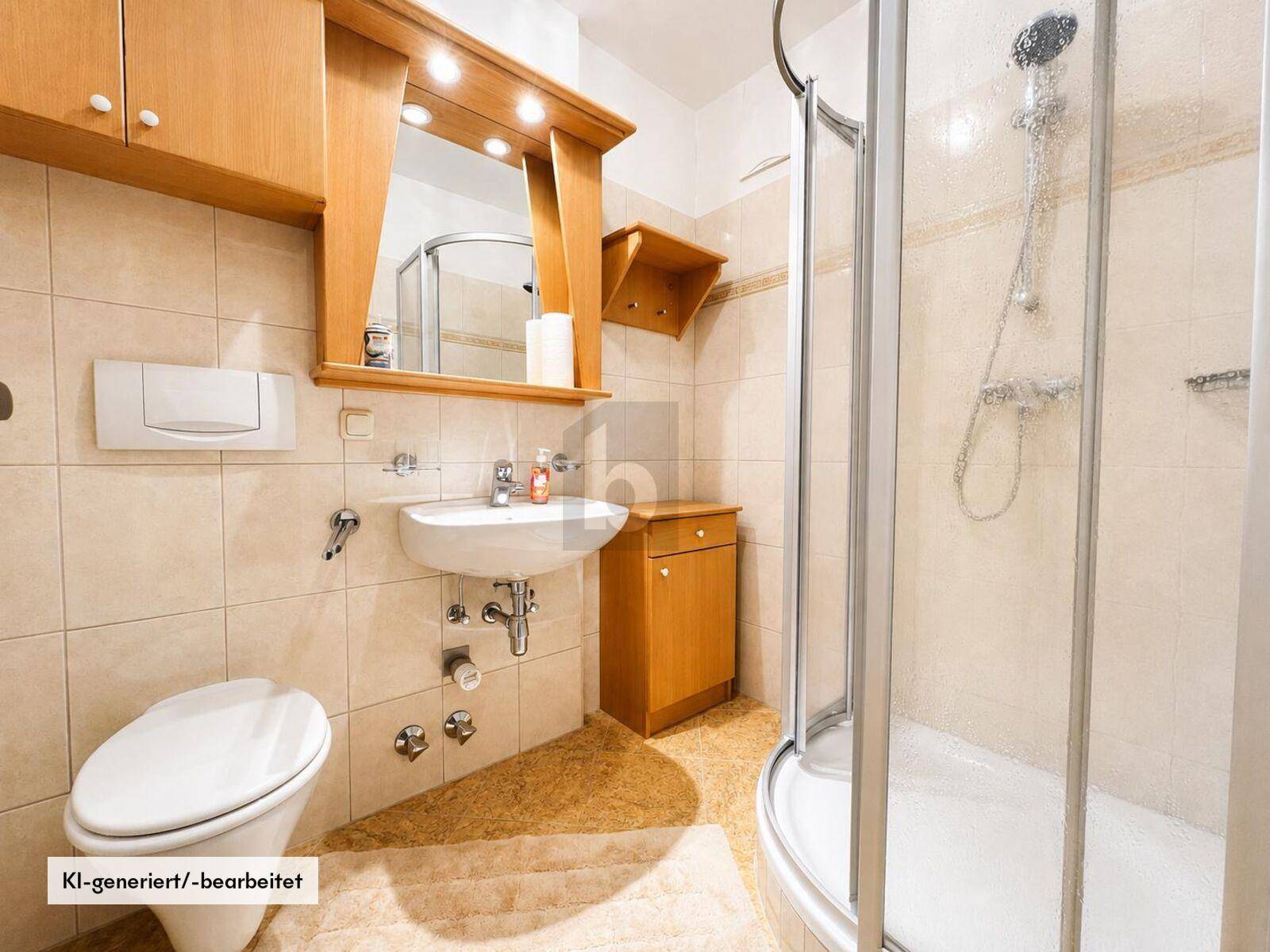 Helles Badezimmer mit Dusche, WC, Waschbecken und beigefarbenen Fliesen im 80er-Jahre-Stil.