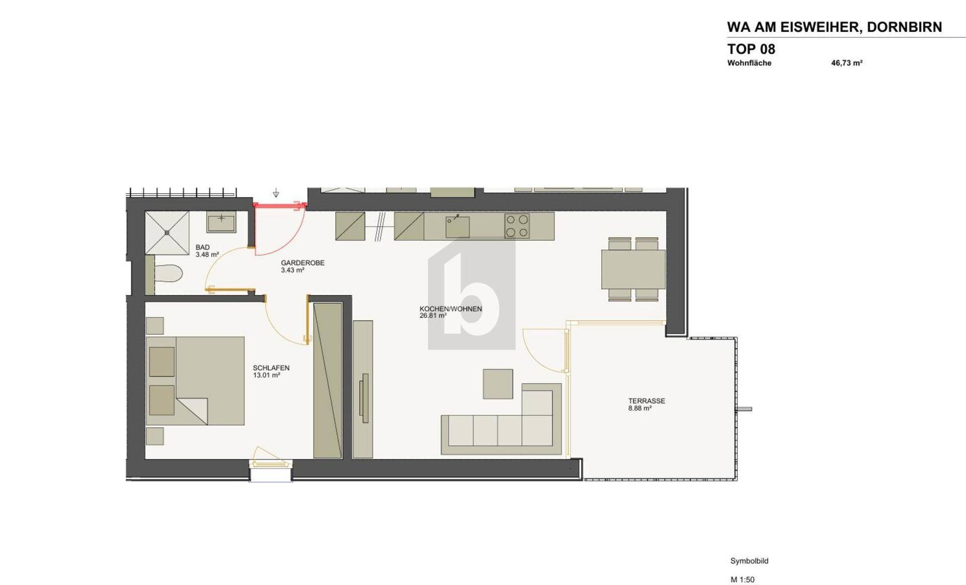 Grundriss der Wohnung TOP 08 mit Schlafzimmer, Bad, Garderobe und offenem Wohn-Kochbereich mit Terrasse.