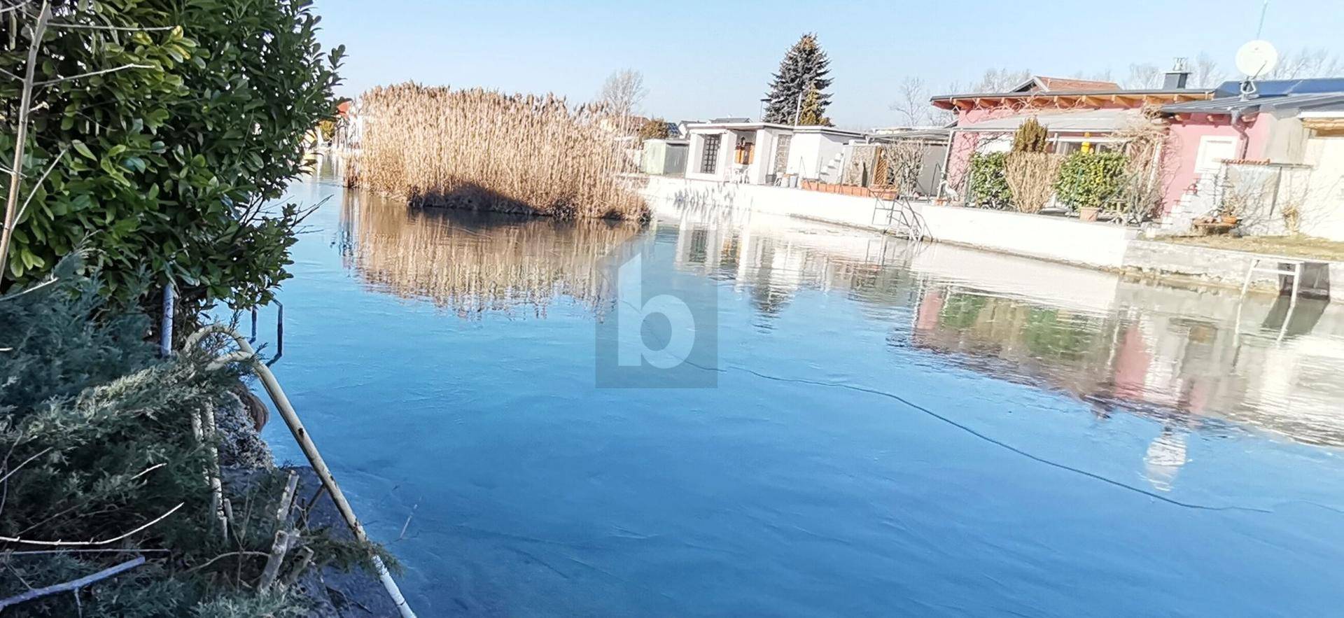 Ruhiges Gewässer mit Schilf am Ufer und Häusern im Hintergrund an einem sonnigen Tag.