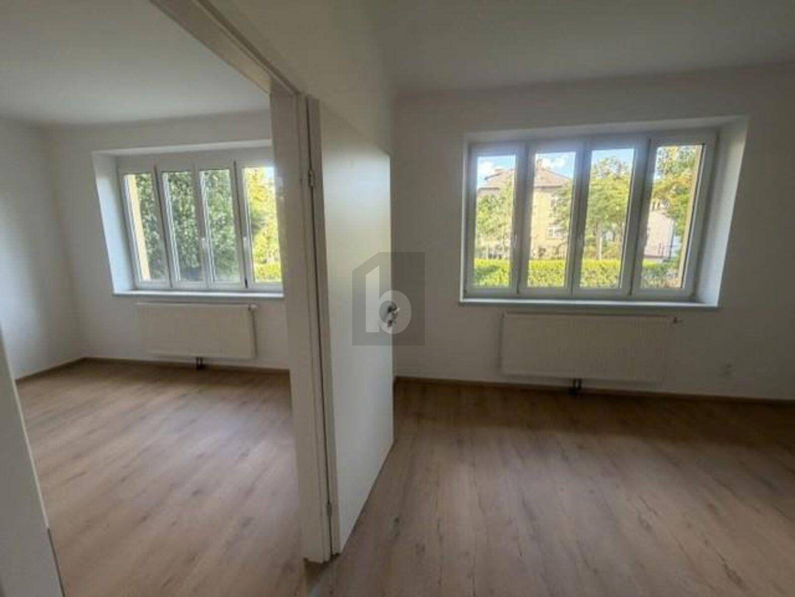 Geräumiger, unmöblierter Wohnraum mit zwei großen Fenstern und Blick ins Grüne.
