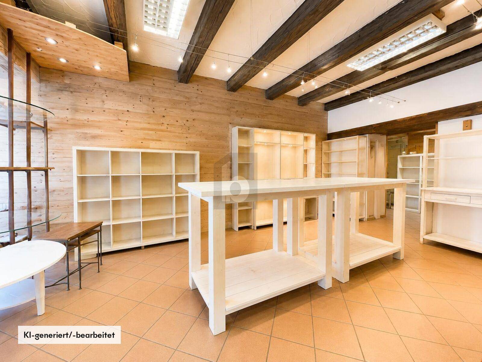 Großer Verkaufsraum mit Holzbalkendecke, Holzvertäfelung und leeren Regalen, bereit zur Einrichtung.