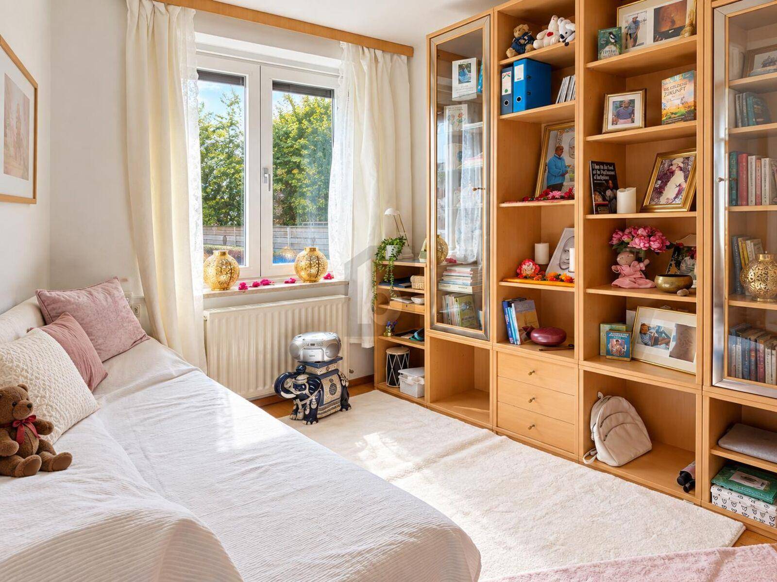 Helles Schlafzimmer mit großem Fenster, Holzbücherregalen und gemütlichem Bett.