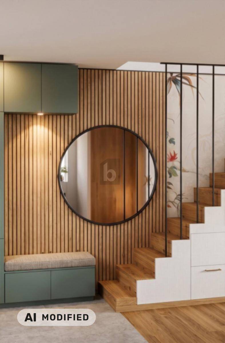 Moderner Eingangsbereich mit Holzlamellenwand, rundem Spiegel und integrierter Sitzbank unter der Treppe.