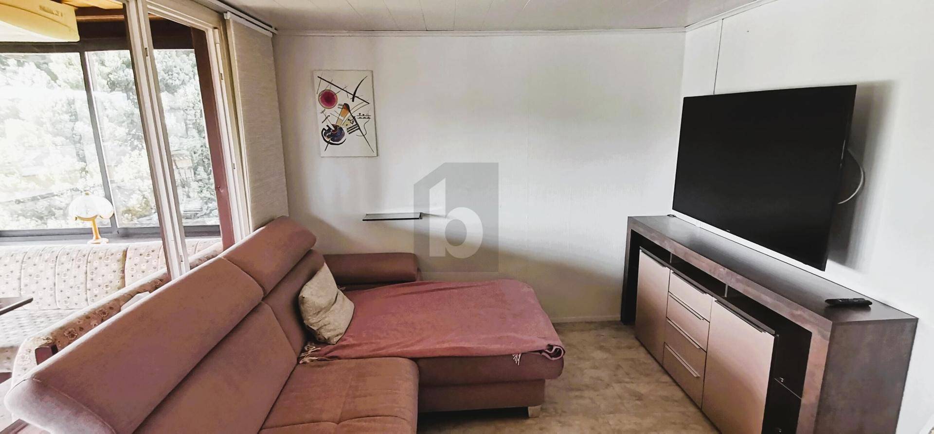 Gemütliches Wohnzimmer mit bequemer Couch, Fernseher und großen Fenstern für viel Tageslicht.