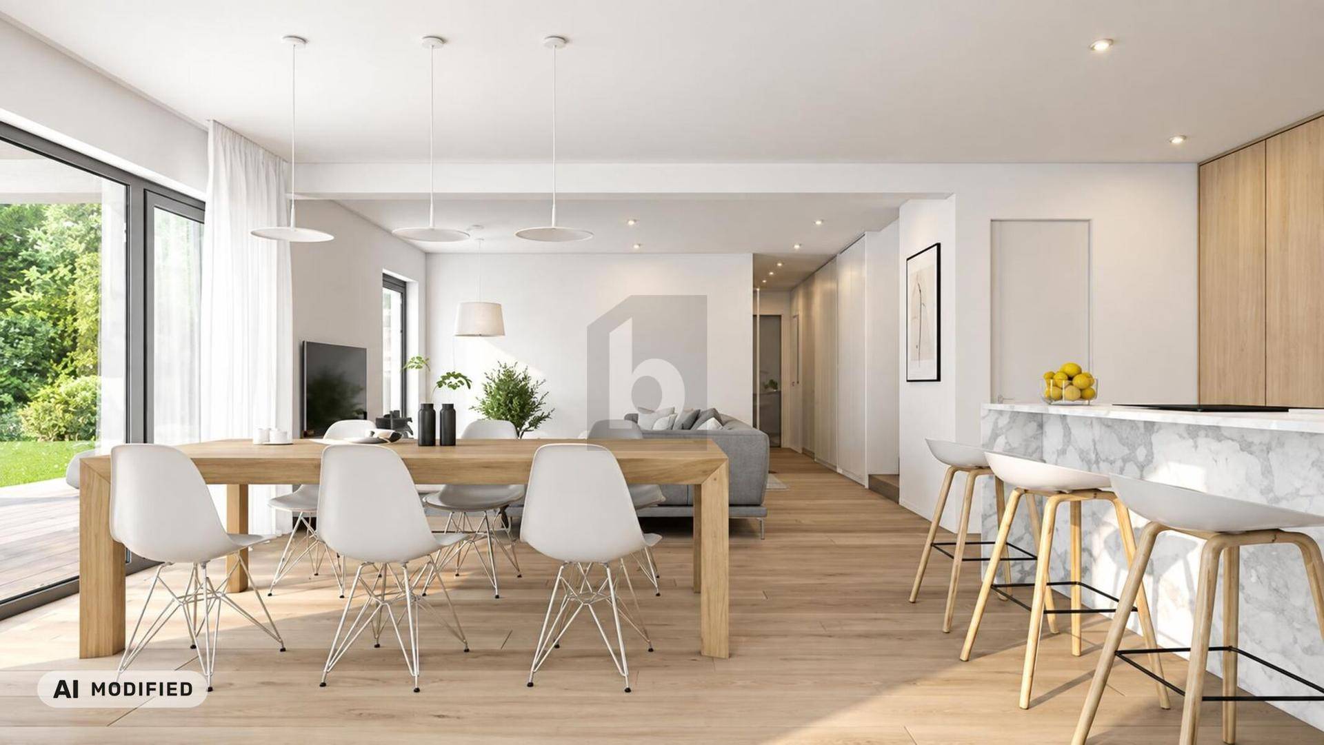 Heller Wohn- und Essbereich mit Holztisch, moderner Küche und Zugang zum Garten durch große Glasfront.