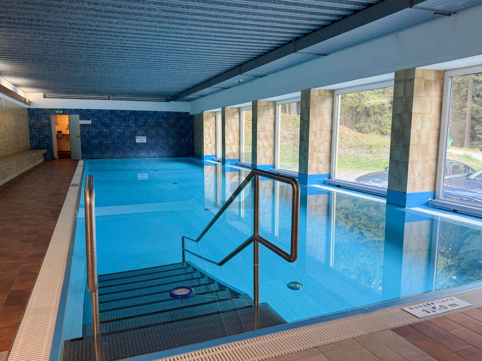 Großes Hallenbad mit natürlichem Lichteinfall und Blick ins Grüne.