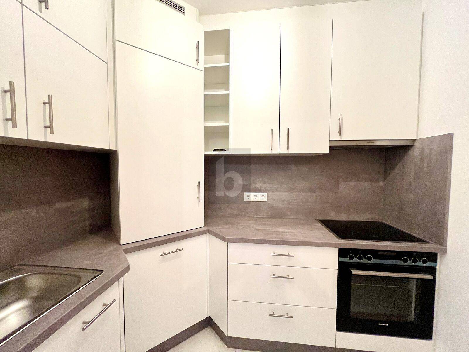 Moderne Einbauküche mit weißen Schränken, integrierten Geräten und einer dunklen Arbeitsplatte.
