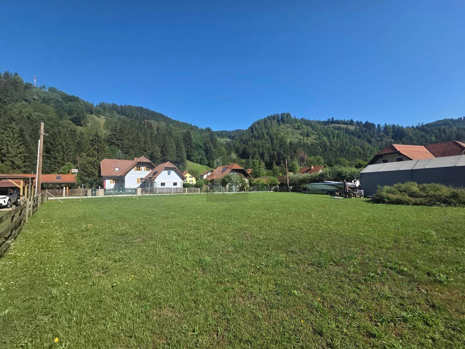 Weitläufige grüne Wiese mit Häusern im Hintergrund und bewaldeten Bergen unter blauem Himmel.
