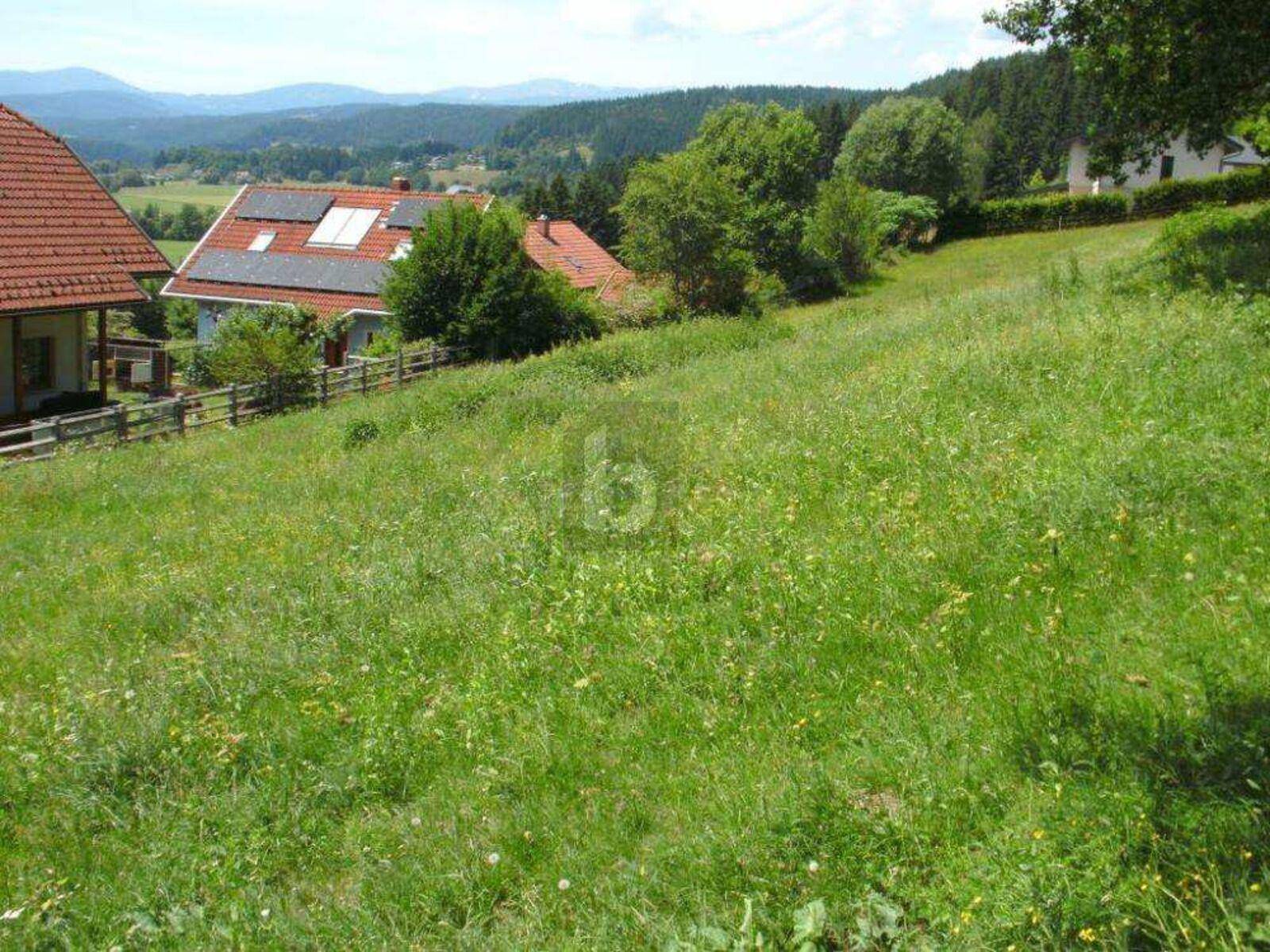Weitläufige grüne Wiese mit Blick auf Häuser mit Solaranlagen und eine malerische Berglandschaft.