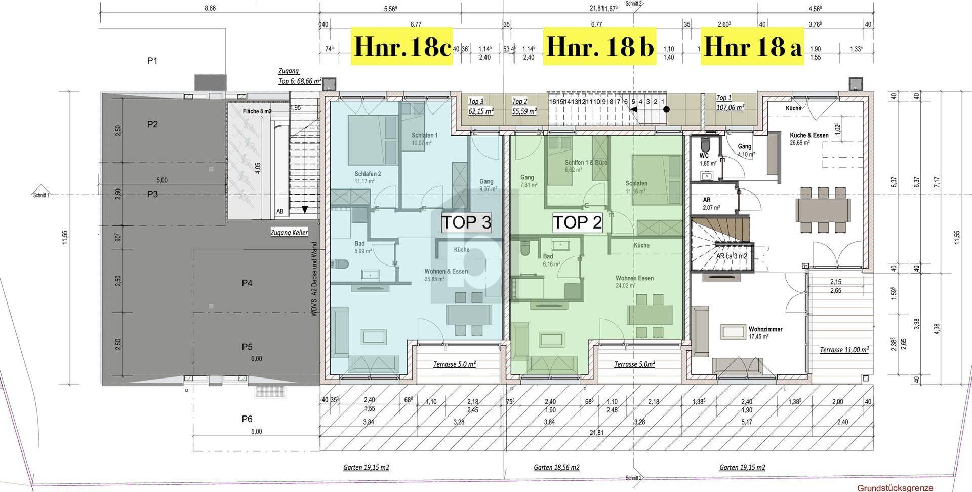 Grundriss des Erdgeschosses mit mehreren Wohneinheiten, Terrassen und privaten Gärten.