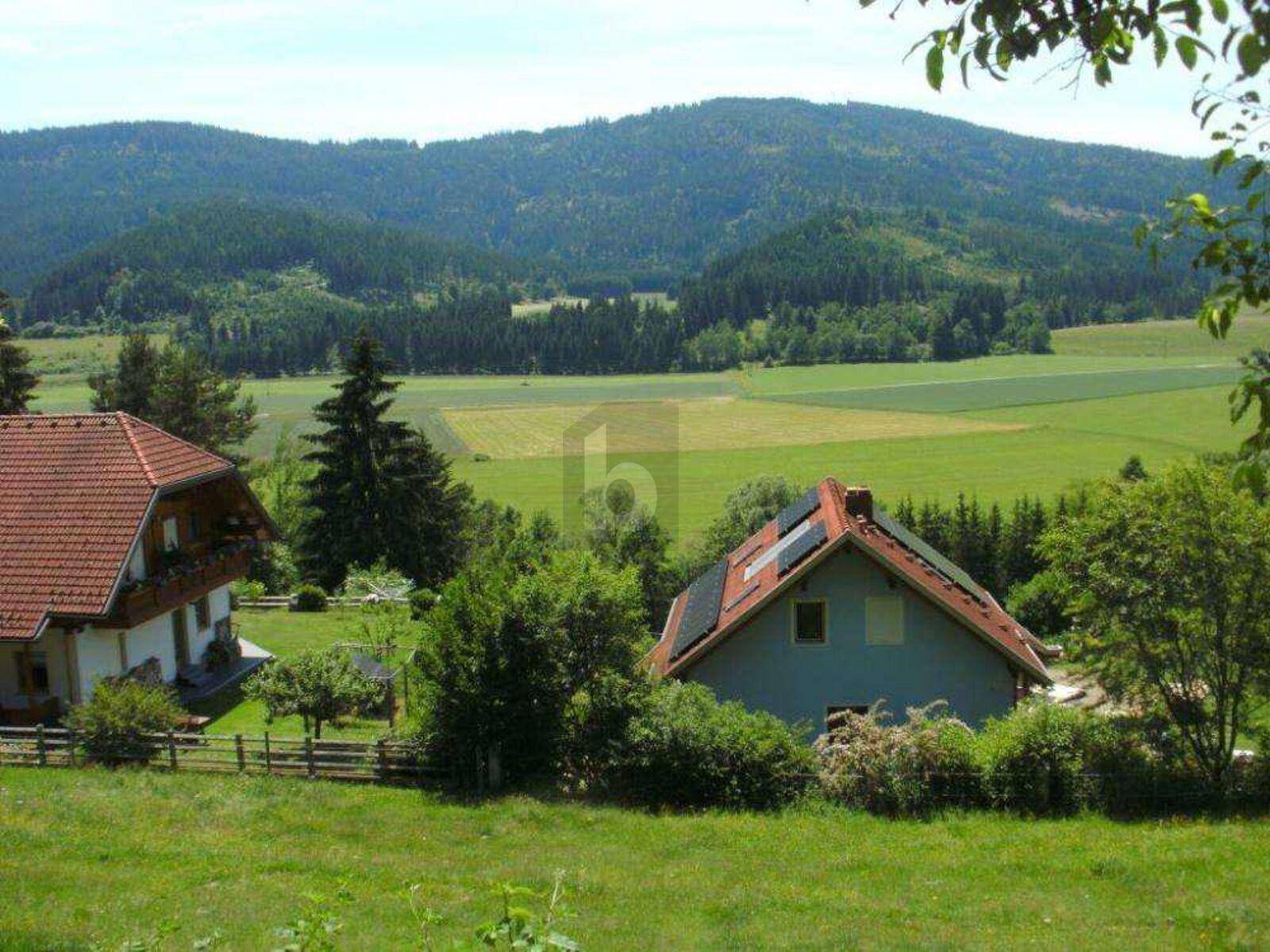 Zwei Häuser mit roten Dächern und Solaranlagen, eingebettet in grüne Felder und eine Bergkulisse.