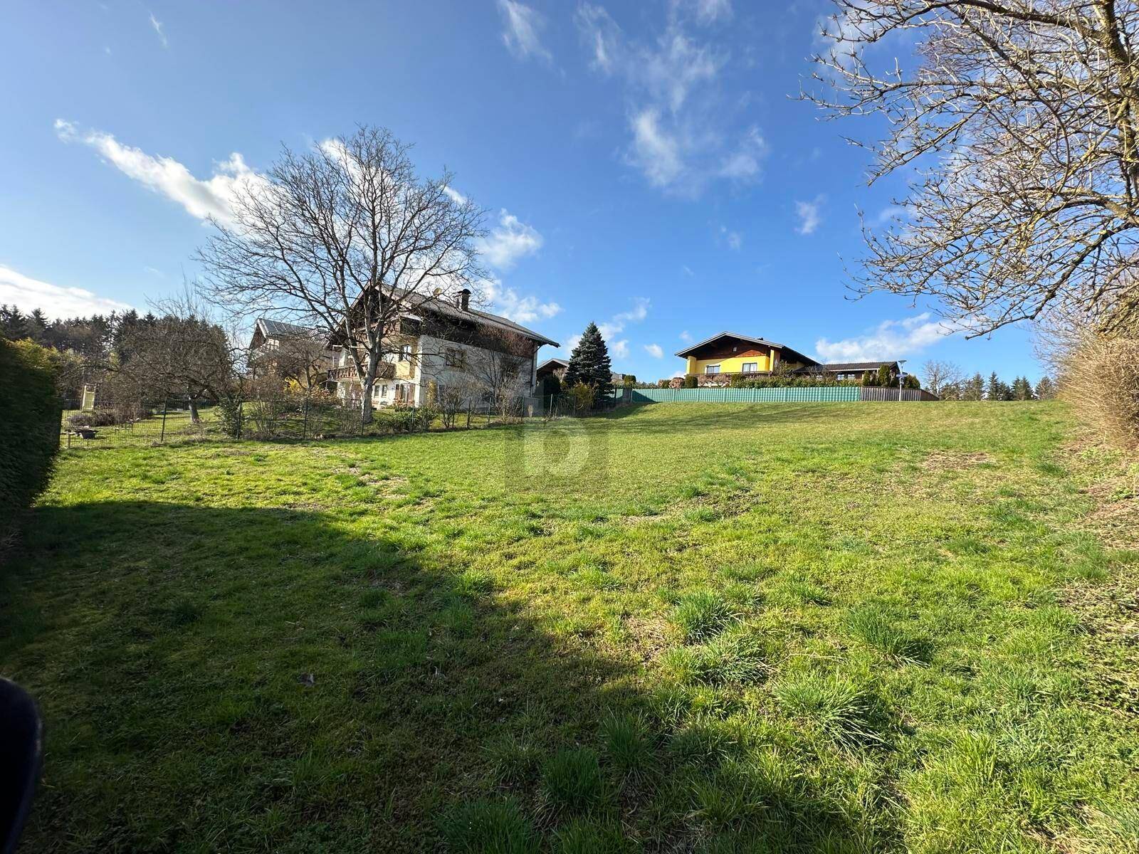 Weitläufige grüne Wiese mit Wohnhäusern in der Ferne und einem klaren blauen Himmel.