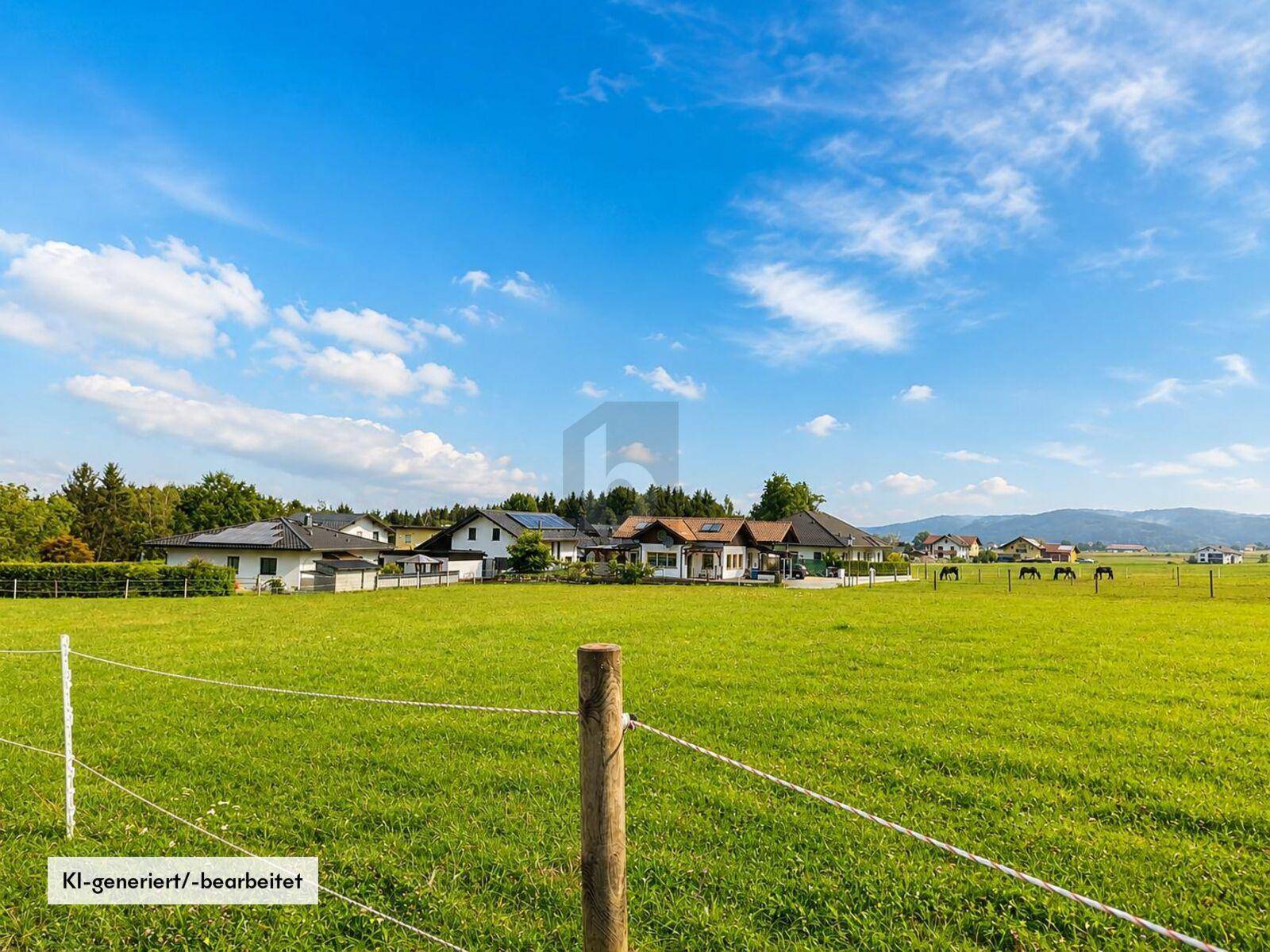 Idyllische Landschaft mit grünen Wiesen, einem Holzzaun und Wohnhäusern vor einer Hügelkette.
