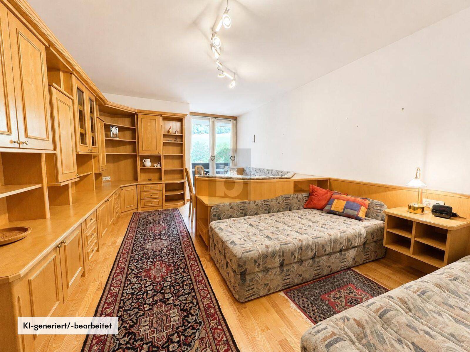Gemütlicher Wohnbereich mit viel Holzmöbeln, Schlafsofas und traditionellen Teppichen auf Parkettboden.