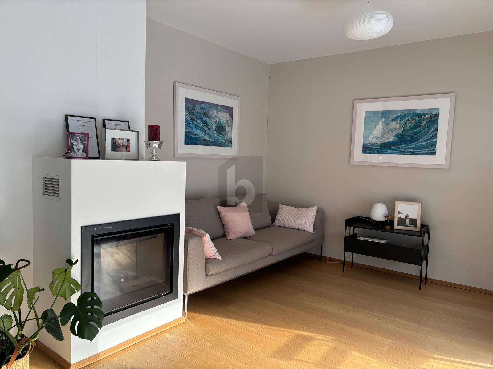 Gemütliches Wohnzimmer mit modernem Kamin, bequemer Couch und hellem Holzfußboden.
