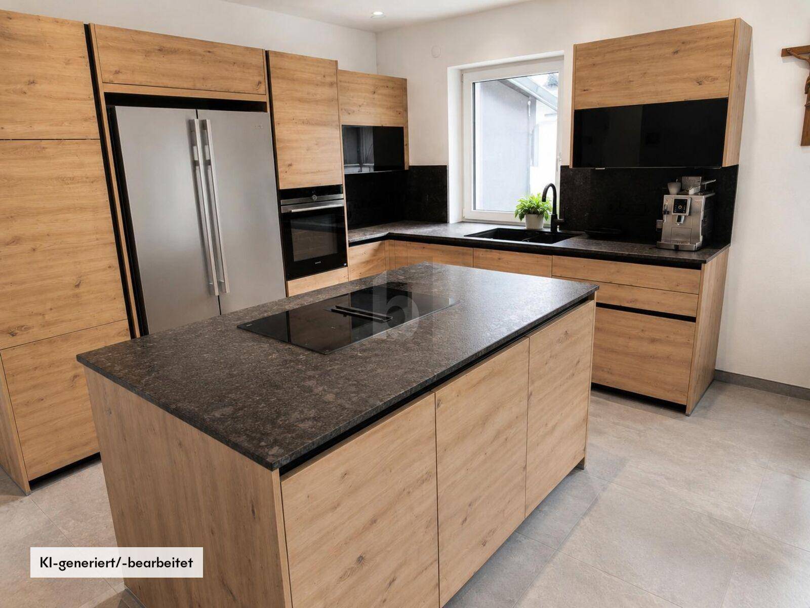 Moderne Küche mit Holzfronten, dunkler Arbeitsplatte, Kochinsel und integrierten Geräten.