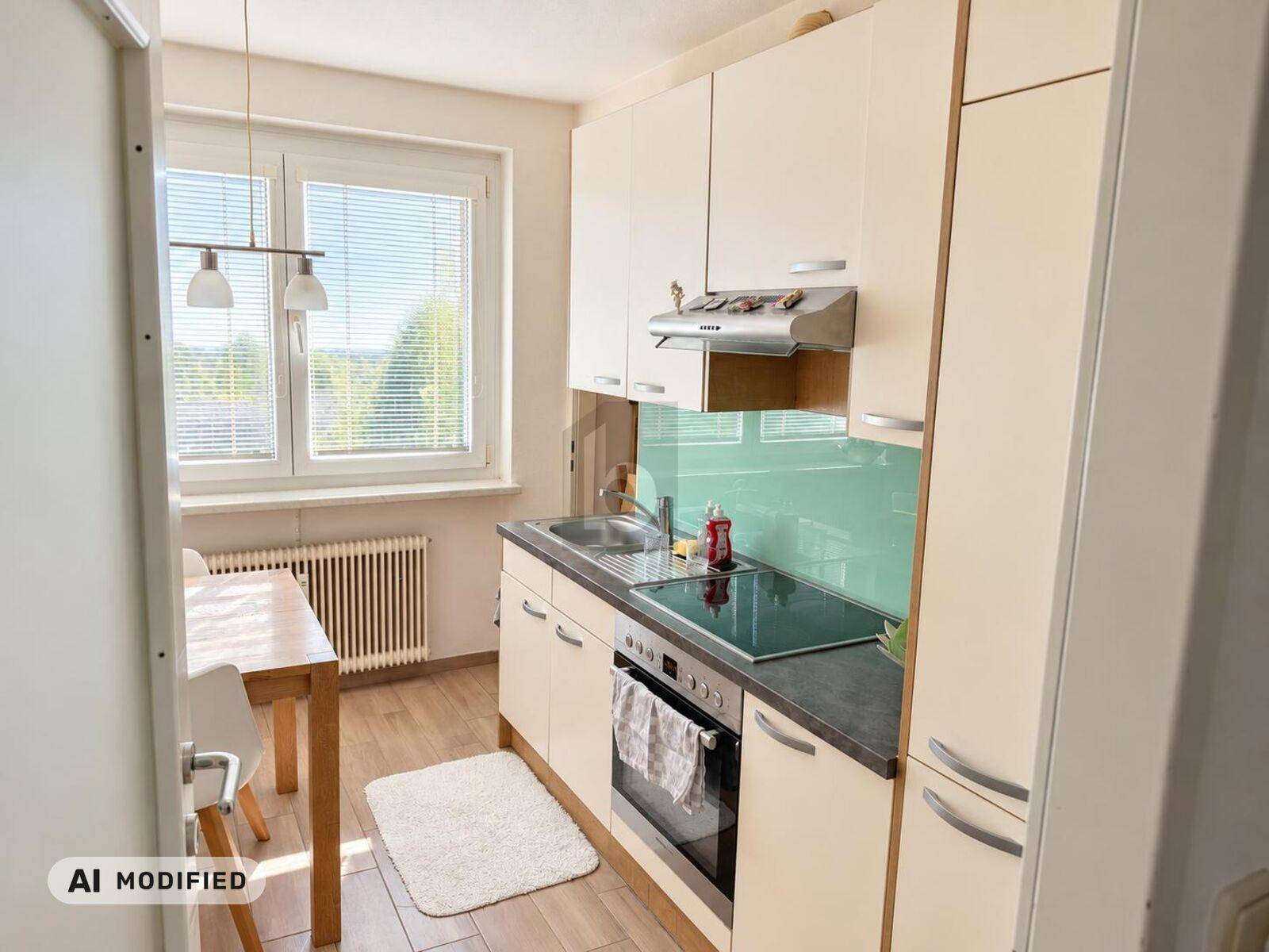 Funktionale Küche mit beigen Schränken, Essbereich und Blick ins Grüne durch das Fenster.