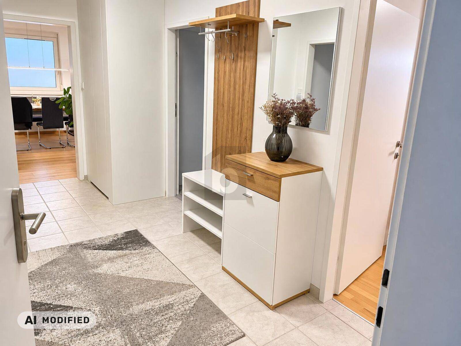Heller Eingangsbereich mit Fliesenboden, Garderobe und Spiegel, der zu weiteren Räumen führt.