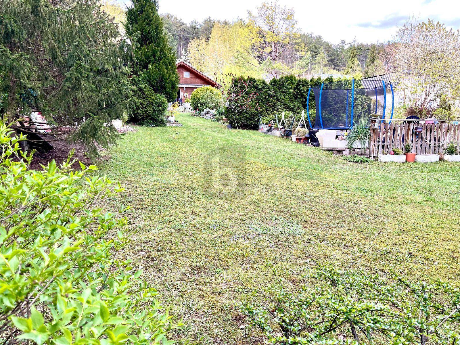 Weitläufiger Garten mit Rasen, einem Trampolin und dem Holzschuppen im hinteren Bereich.