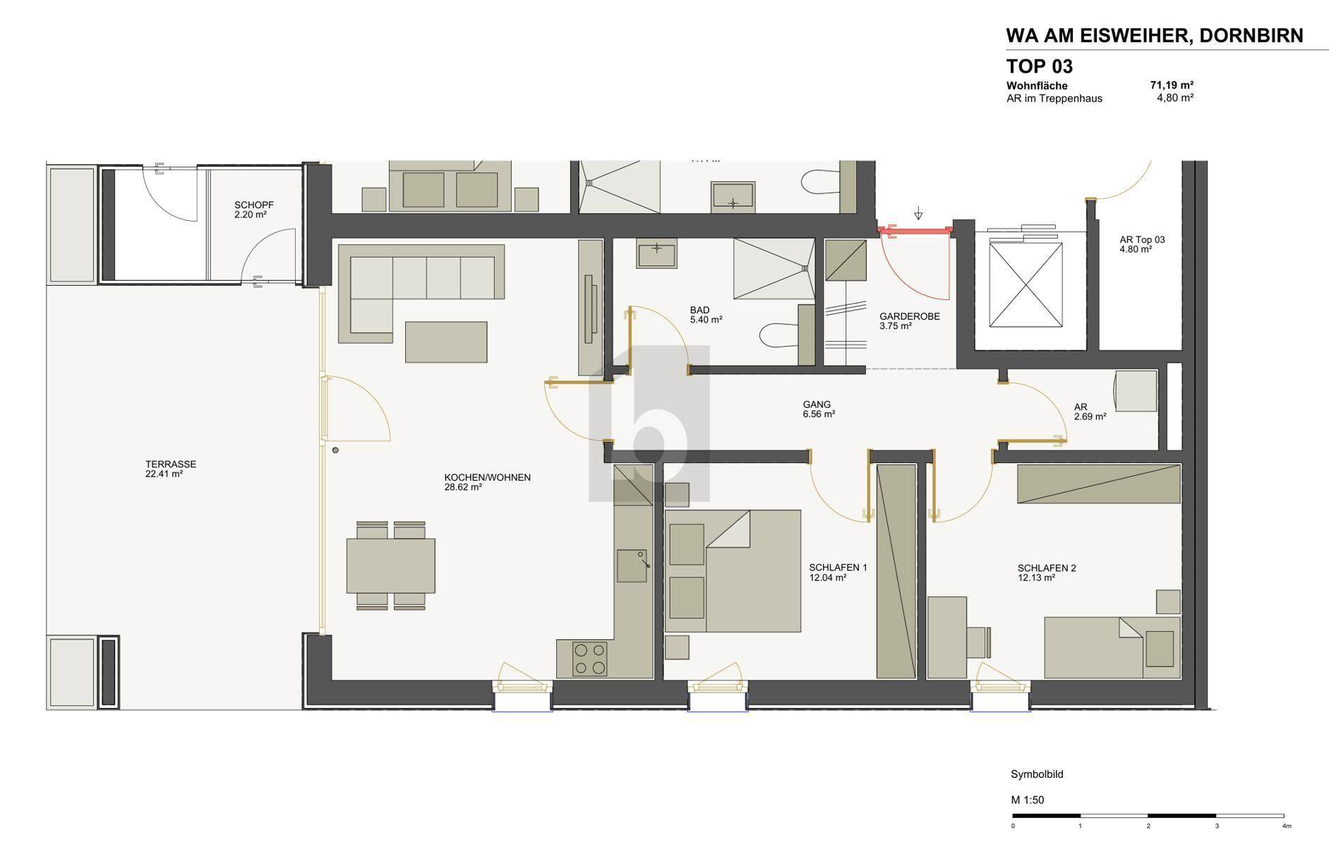 Grundriss der Wohnung TOP 03 mit offener Küche, zwei Schlafzimmern, Terrasse und Abstellraum.