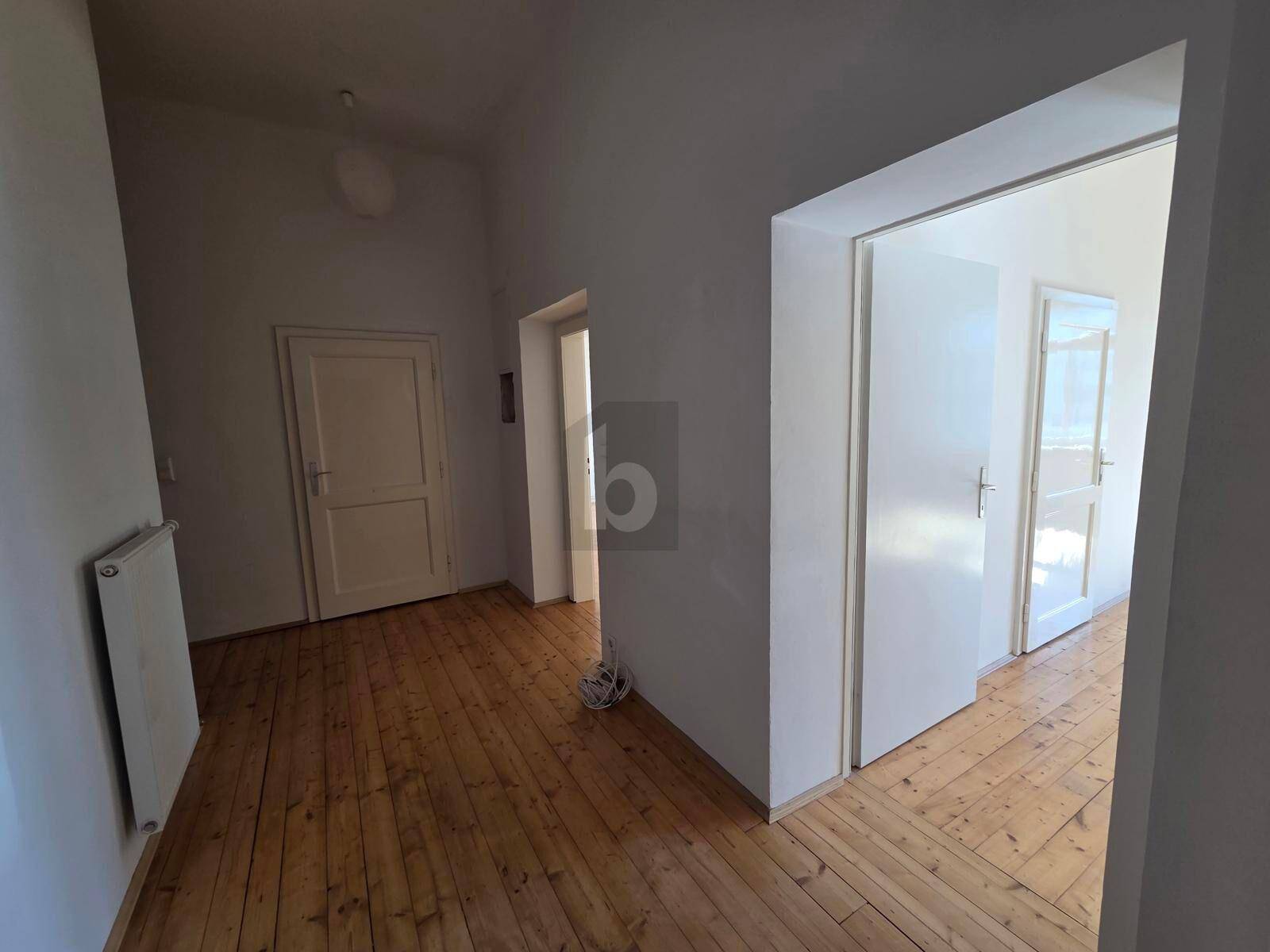 Geräumiger Flur mit Holzdielenboden und mehreren Türen, der verschiedene Räume verbindet.