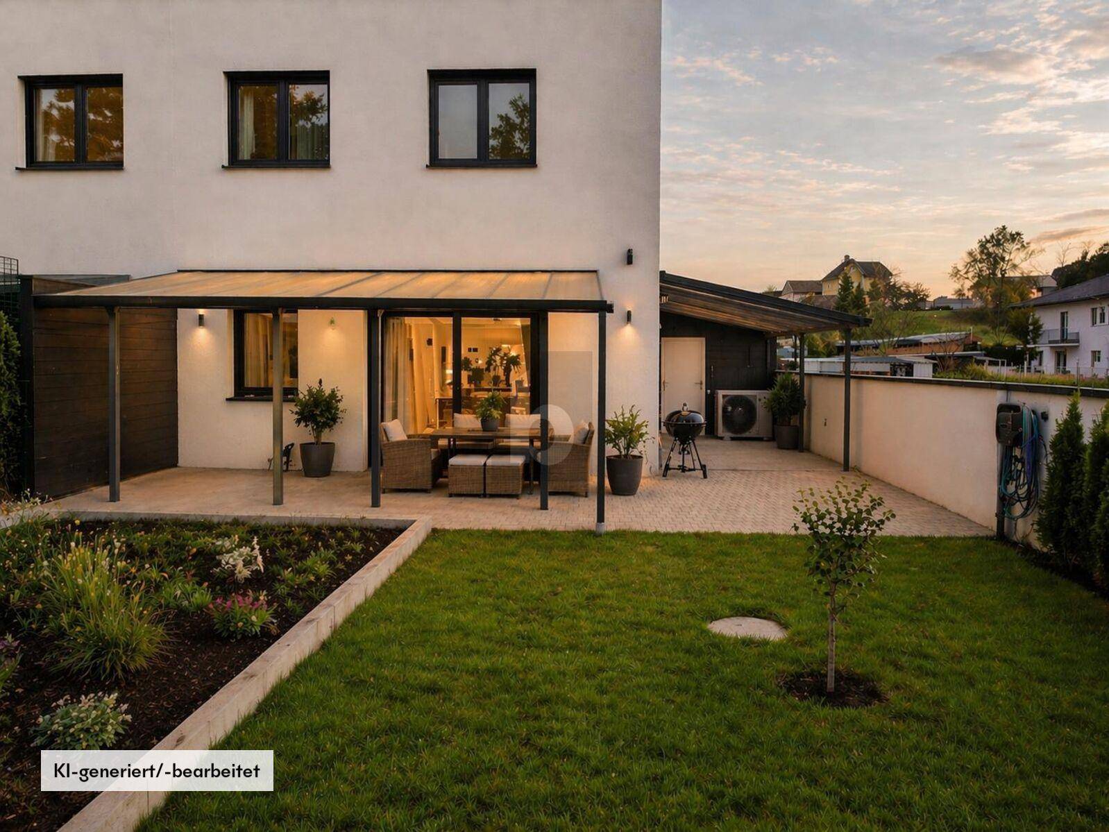 Überdachte Terrasse mit Gartenmöbeln, Grillbereich und angrenzendem Rasen.