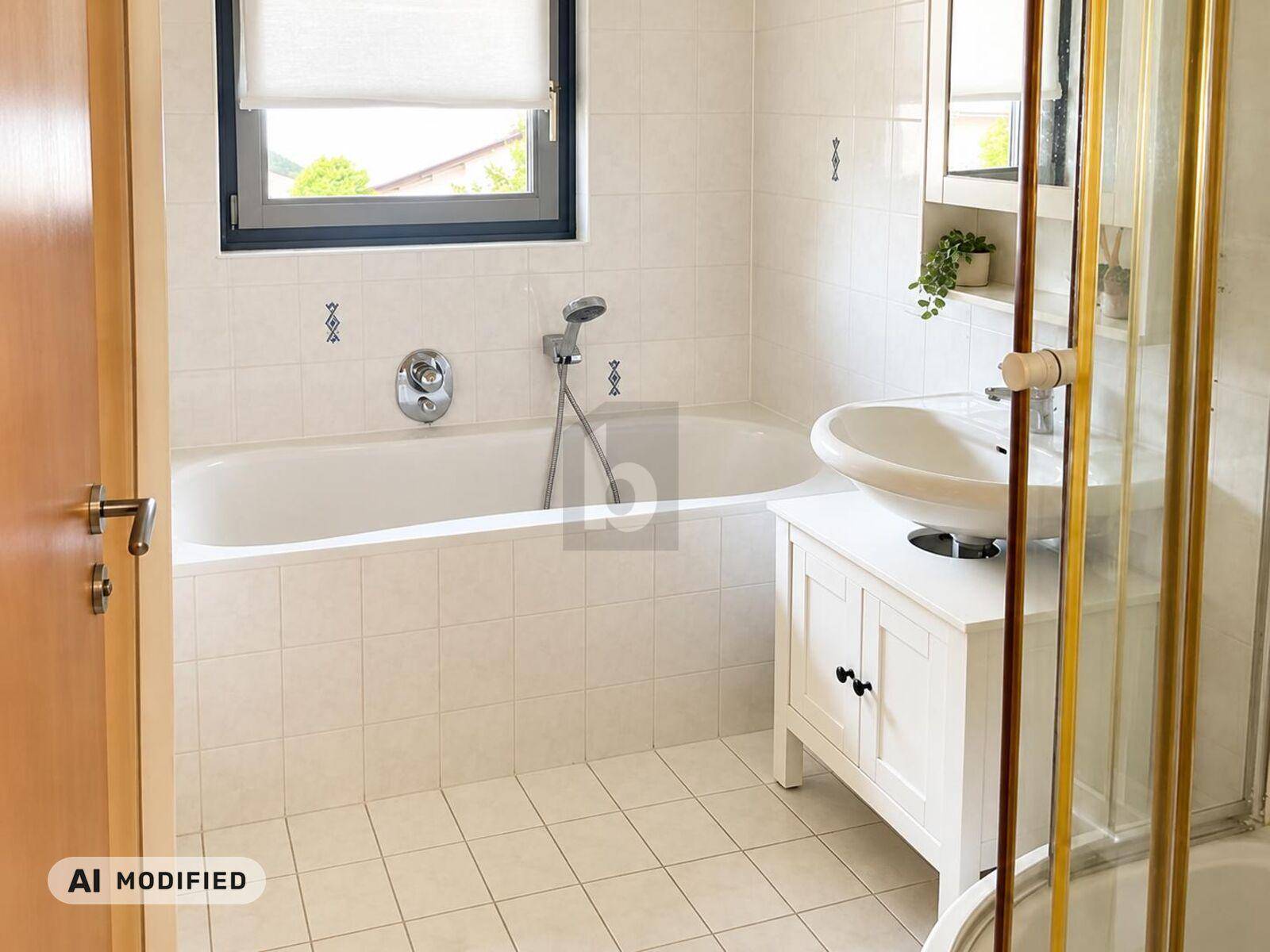 Helles Badezimmer mit Badewanne, Dusche, modernem Waschtisch und einem Fenster für Tageslicht.