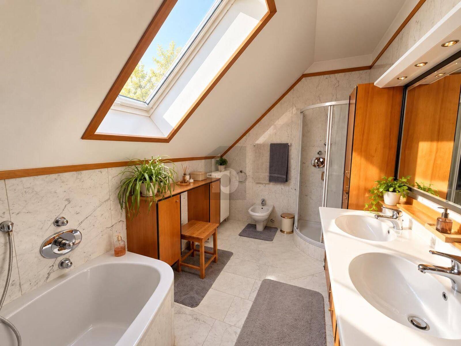 Geräumiges Dachgeschossbad mit Dachfenster, Doppelwaschbecken, Badewanne, Dusche und Bidet.