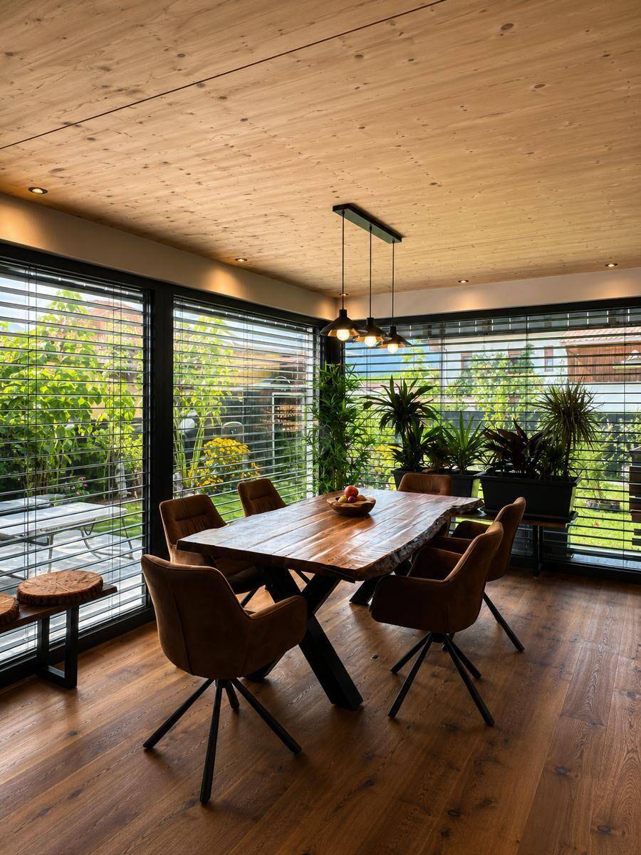 Heller Essbereich mit großem Holztisch, modernen Stühlen und Blick in den grünen Garten.