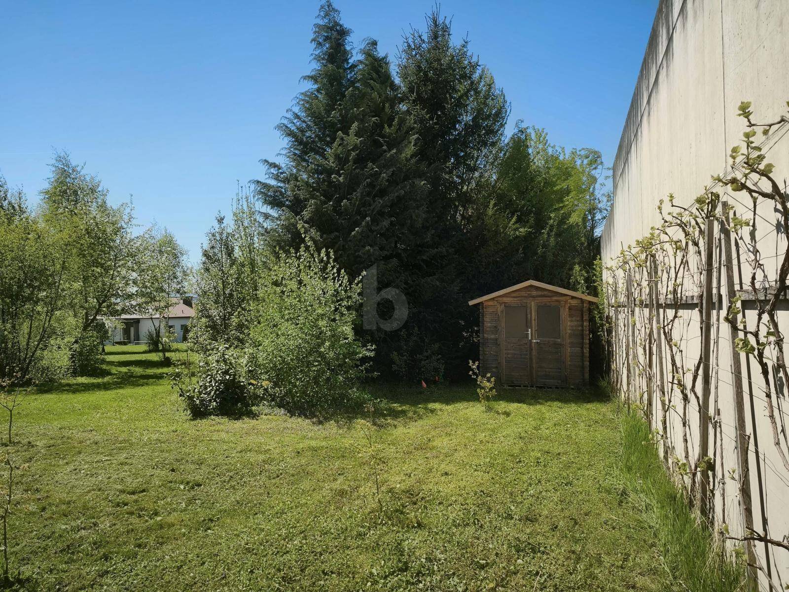 Gepflegter Garten mit einem kleinen Holzschuppen, umgeben von Bäumen und einer hohen Mauer.