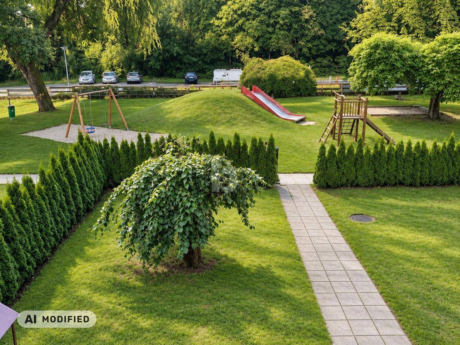 Grüner Gemeinschaftsgarten mit Spielplatz, Rutsche und Schaukeln für Kinder.