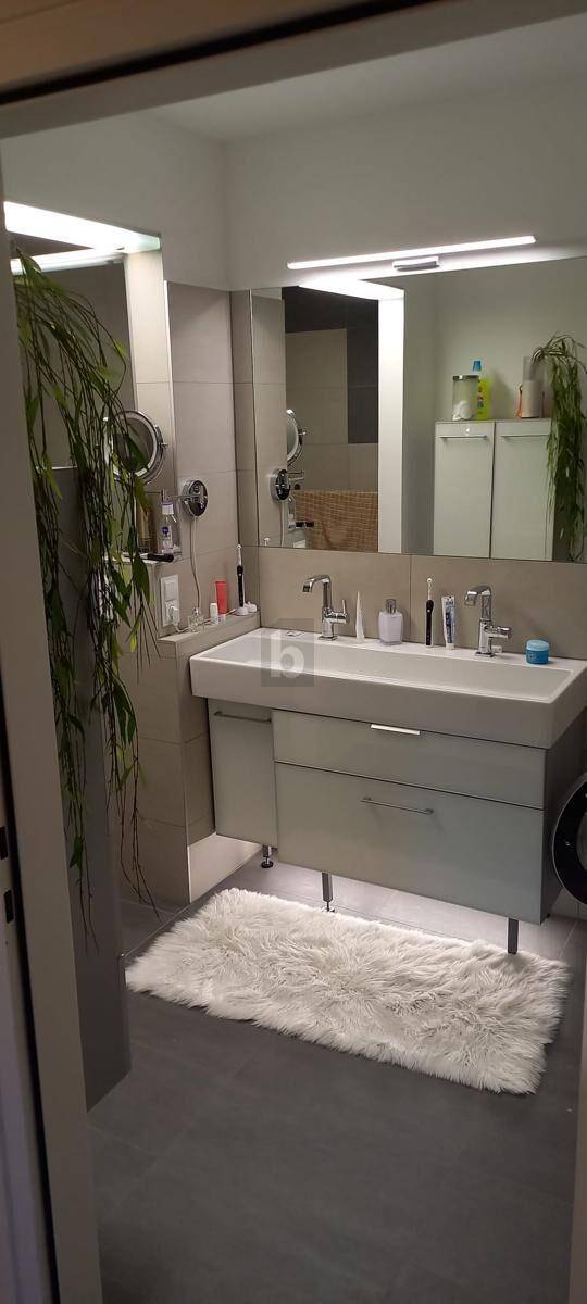 Modernes Badezimmer mit großem Waschbecken, Spiegelschrank und flauschigem Teppich auf dunklen Fliesen.