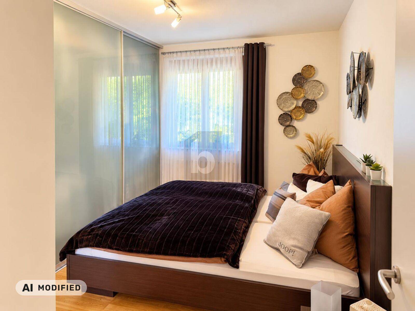 Gemütliches Schlafzimmer mit großem Bett, Schiebetürenschrank und Fenster.