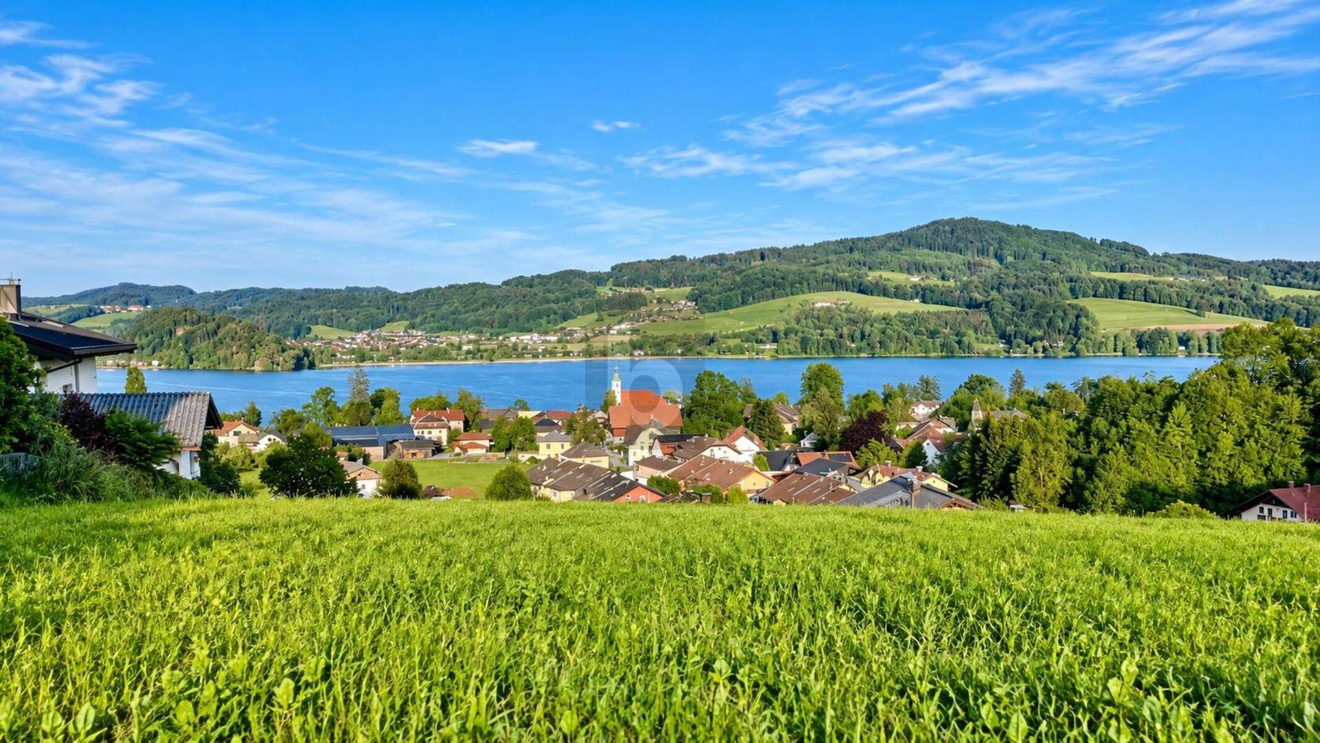 Weitläufiger Blick über einen See, ein malerisches Dorf und sanfte grüne Hügel unter blauem Himmel.
