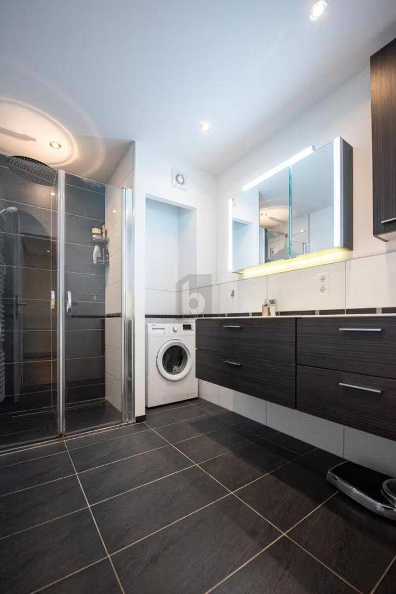Modernes Badezimmer mit großer Duschkabine, dunklen Fliesen, Waschmaschine und beleuchtetem Spiegelschrank.