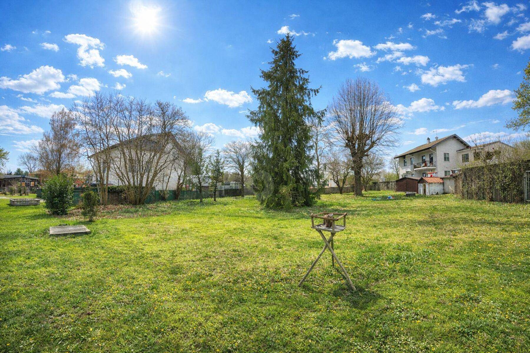 Grünes Gartengrundstück mit sonniger Wiese und Blick auf die Nachbarschaft.