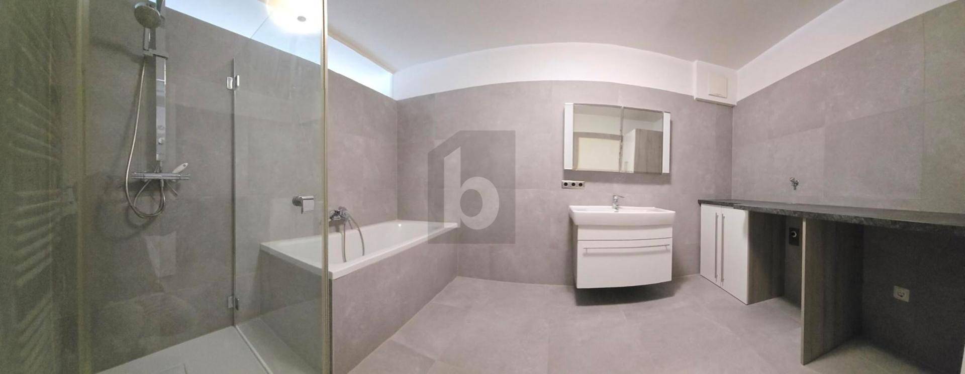 Modernes Badezimmer mit großer Dusche, Badewanne, Einzelwaschbecken und Handtuchheizkörper.