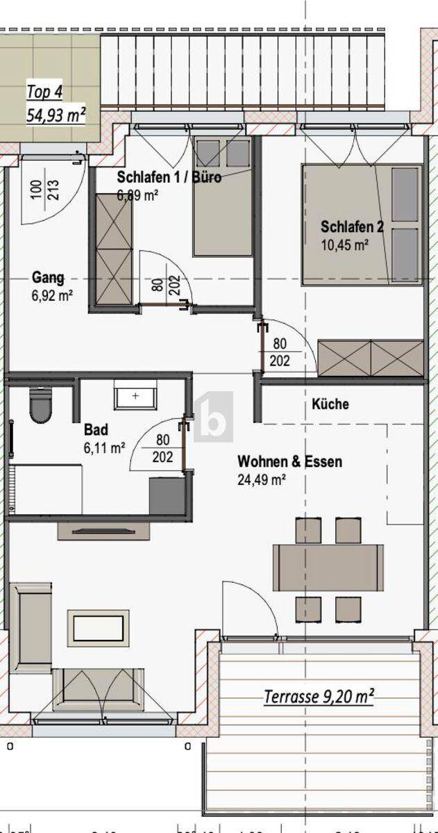 Detaillierter Grundriss von Top 4 mit zwei Schlafzimmern, offenem Wohnbereich und einer Terrasse.