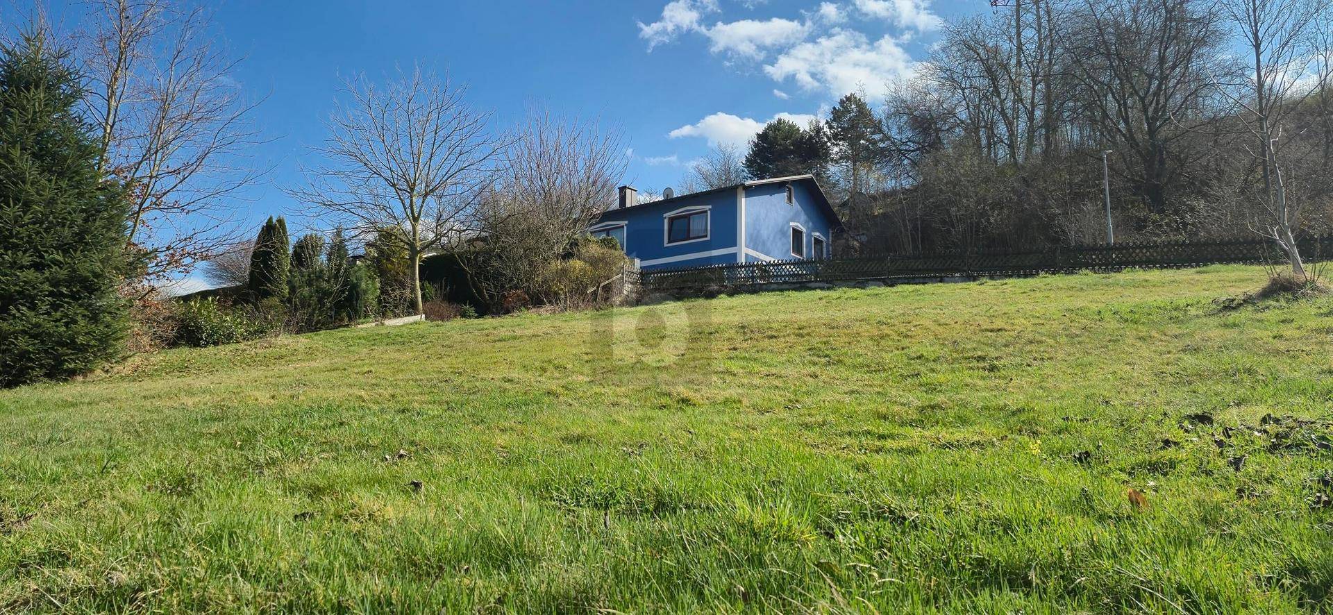 Weitläufige grüne Wiese vor einem blauen Haus auf einem sonnigen Hügel mit Bäumen im Hintergrund.