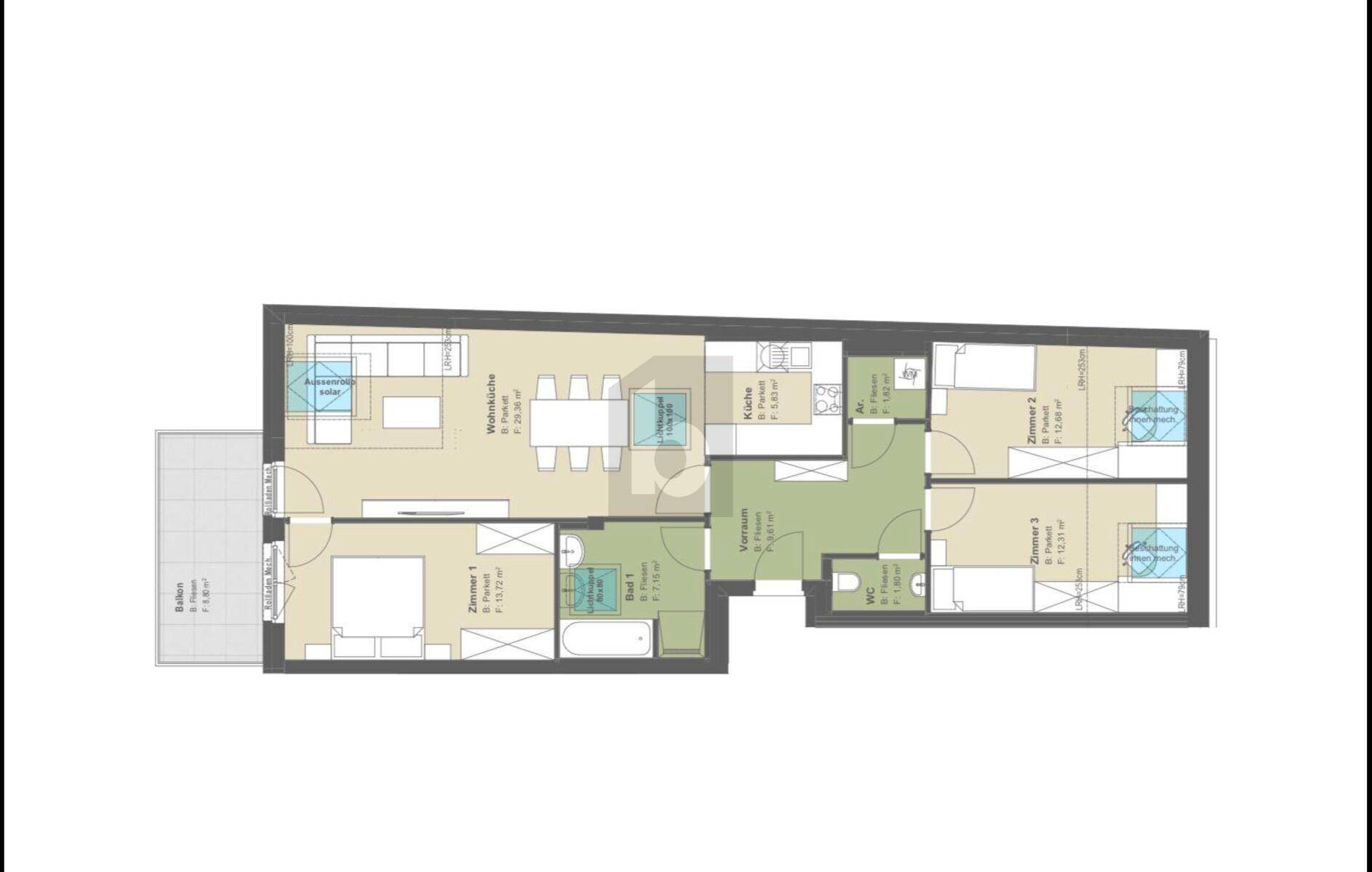 Grundriss einer Wohnung mit offenem Wohn-Essbereich, drei Zimmern, Bad, separatem WC und Balkon.