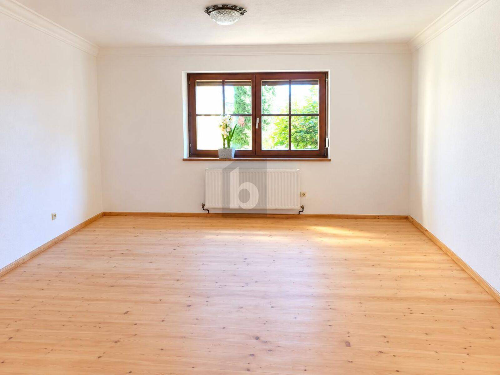 Heller, leerer Raum mit Holzboden, einem Fenster und einem Heizkörper unterhalb. Die Wände sind weiß gestrichen.