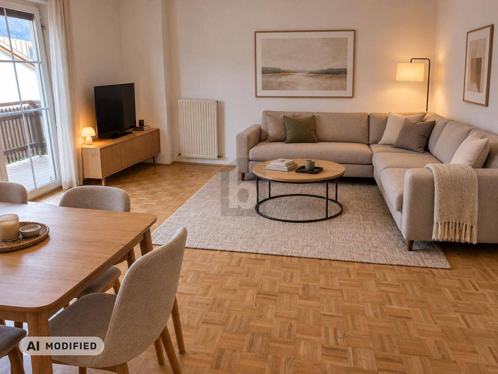 Geräumiger Wohn-Essbereich mit beigem Ecksofa, Holztisch und Zugang zu einem Außenbereich.