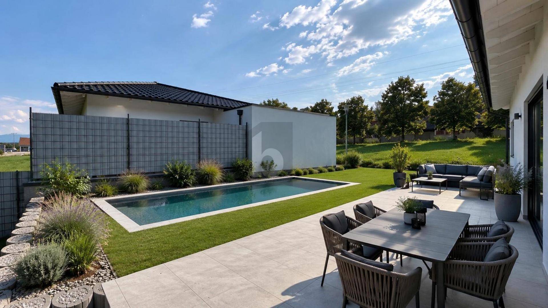 Großer Garten mit Swimmingpool, gepflasterter Terrasse und modernen Outdoor-Sitzbereichen unter blauem Himmel.