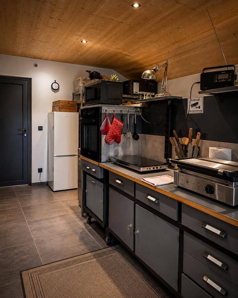Funktionale Küche mit grauen Schränken, Fliesenboden und Holzdecke, ausgestattet mit verschiedenen Geräten.