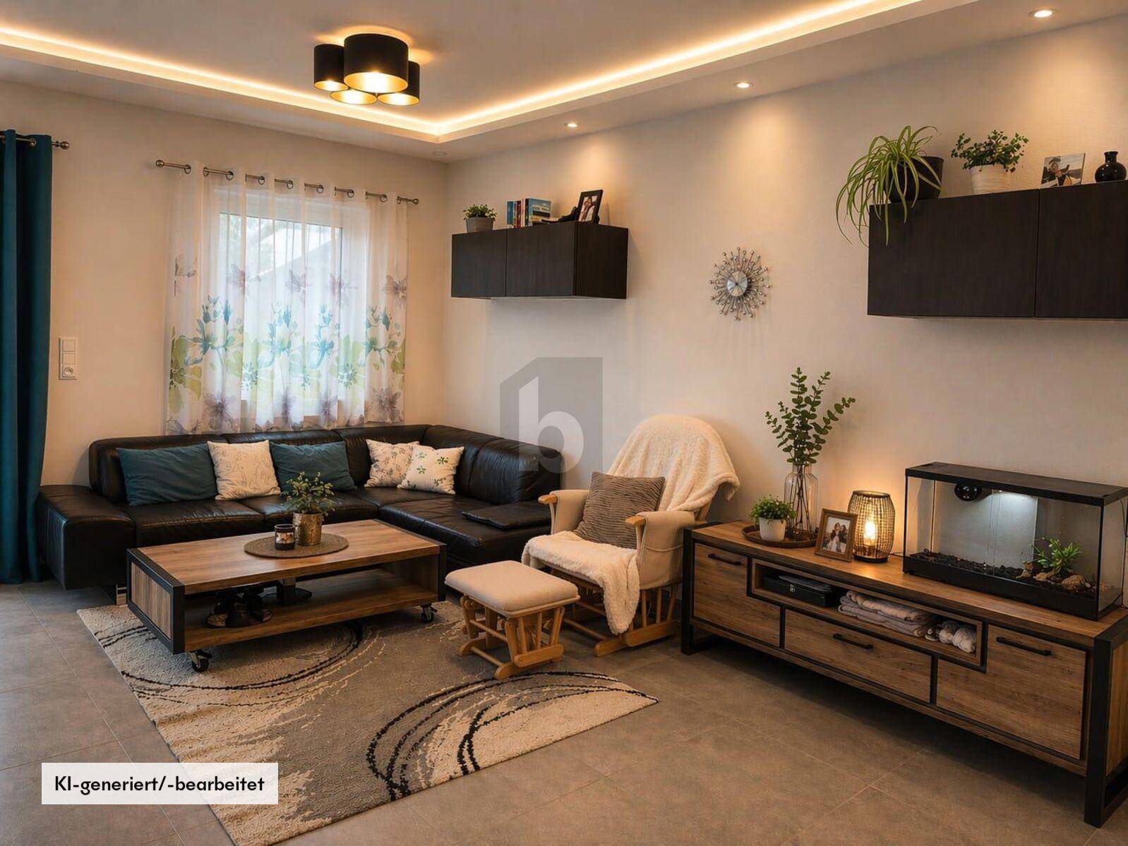 Gemütliches Wohnzimmer mit Ledersofa, Holztisch und moderner Beleuchtung.