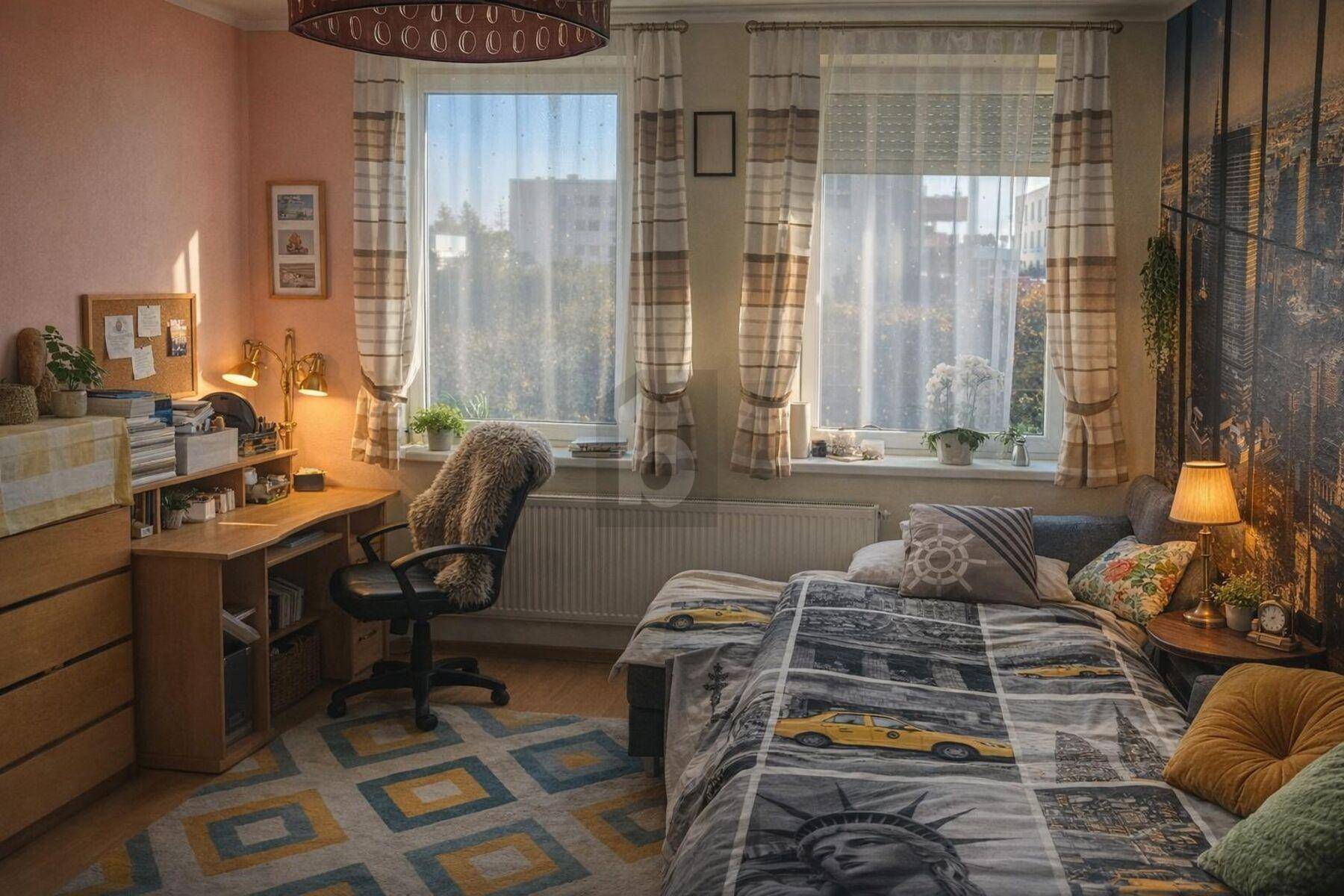 Helles Schlafzimmer mit Einzelbett, Schreibtisch und Blick auf die Stadt durch große Fenster.